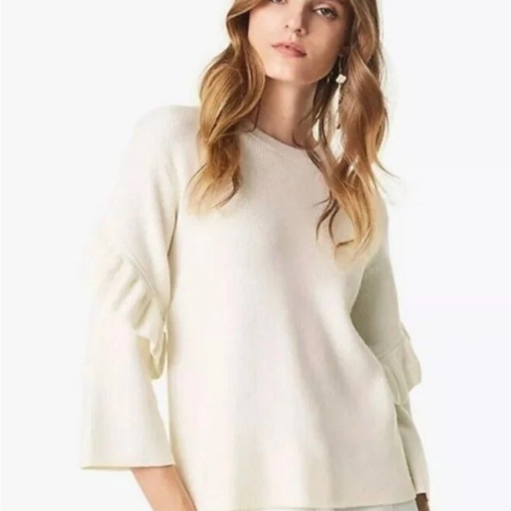 Tory Burch Ivory Ashley Ribbed Ruffle-Sleeve Sweater Size M $348
